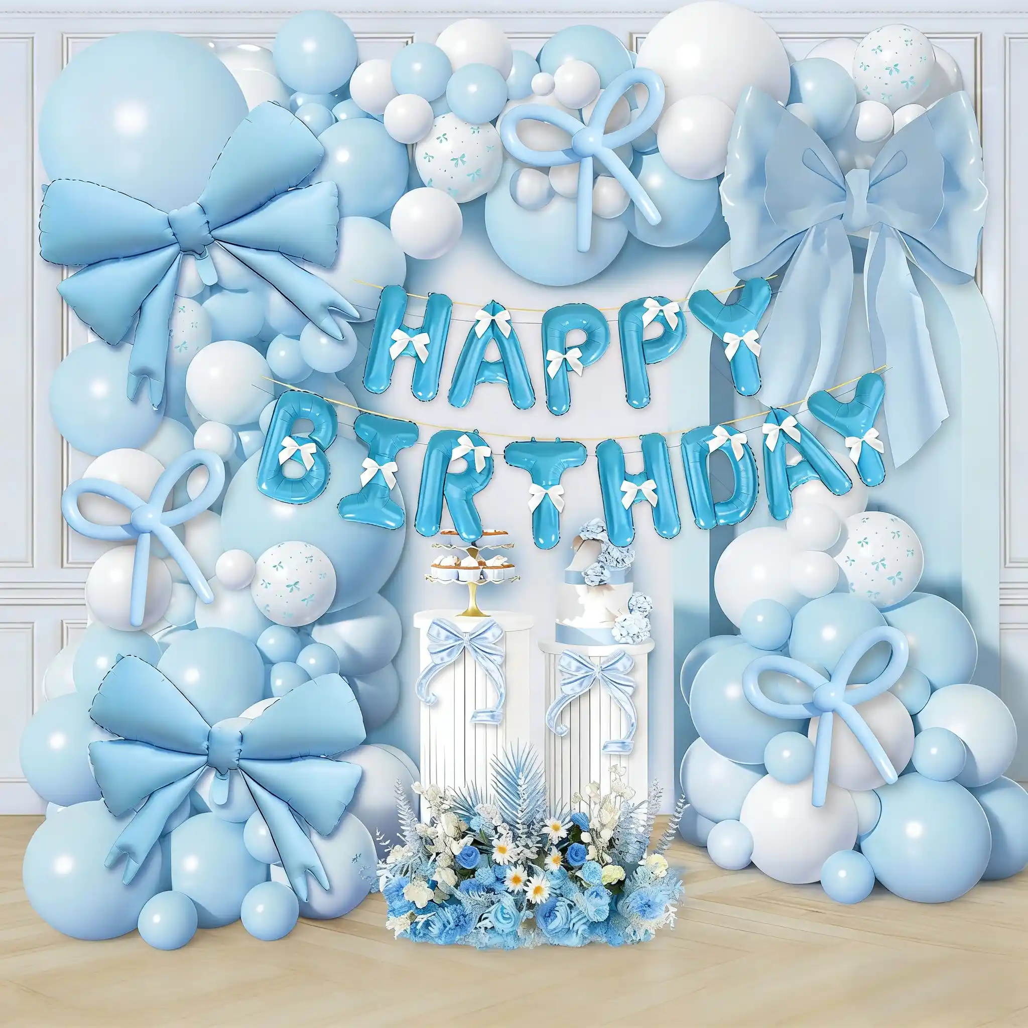 Arco de globos con temática de lazo.