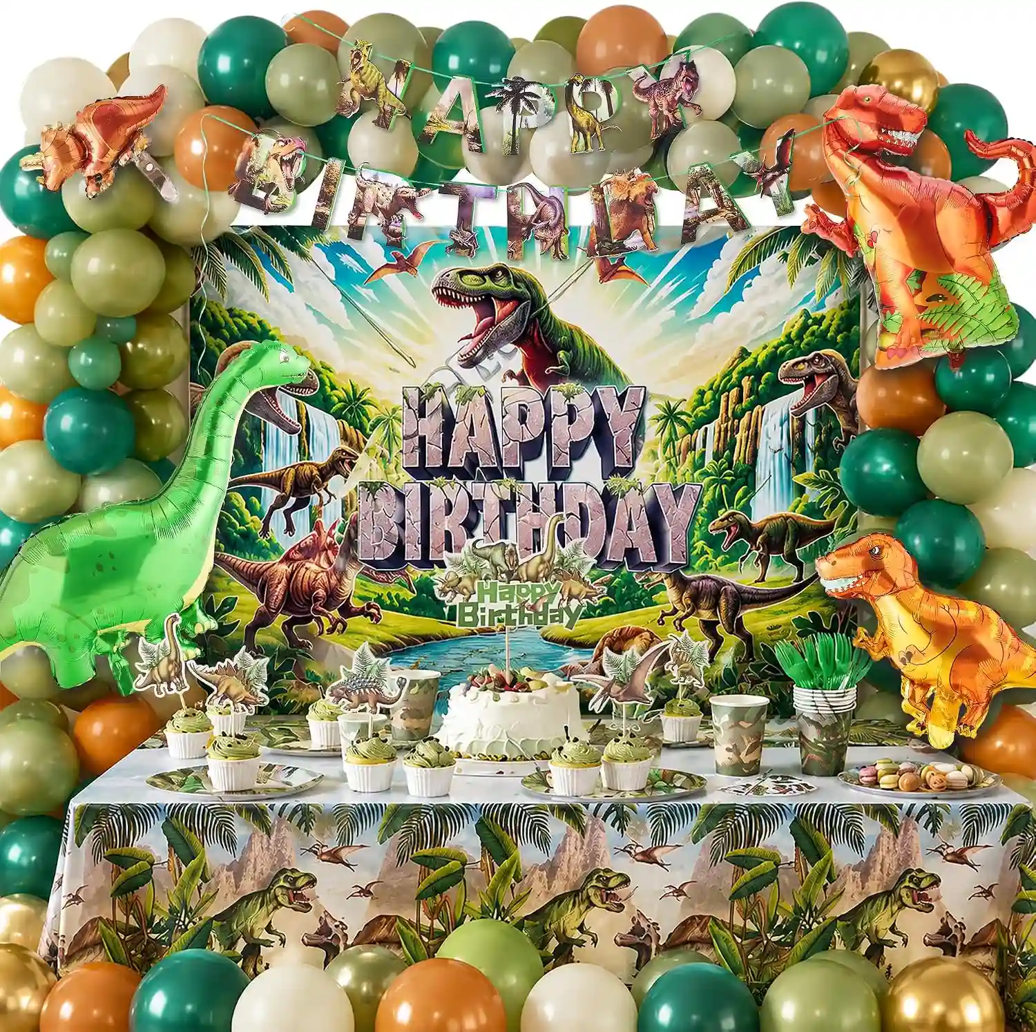 Decoraciones con globos de cumpleaños de dinosaurios