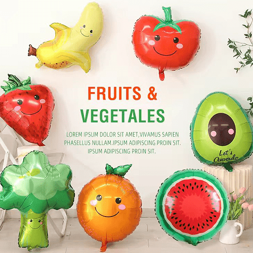 Globos foil de frutas y verduras.