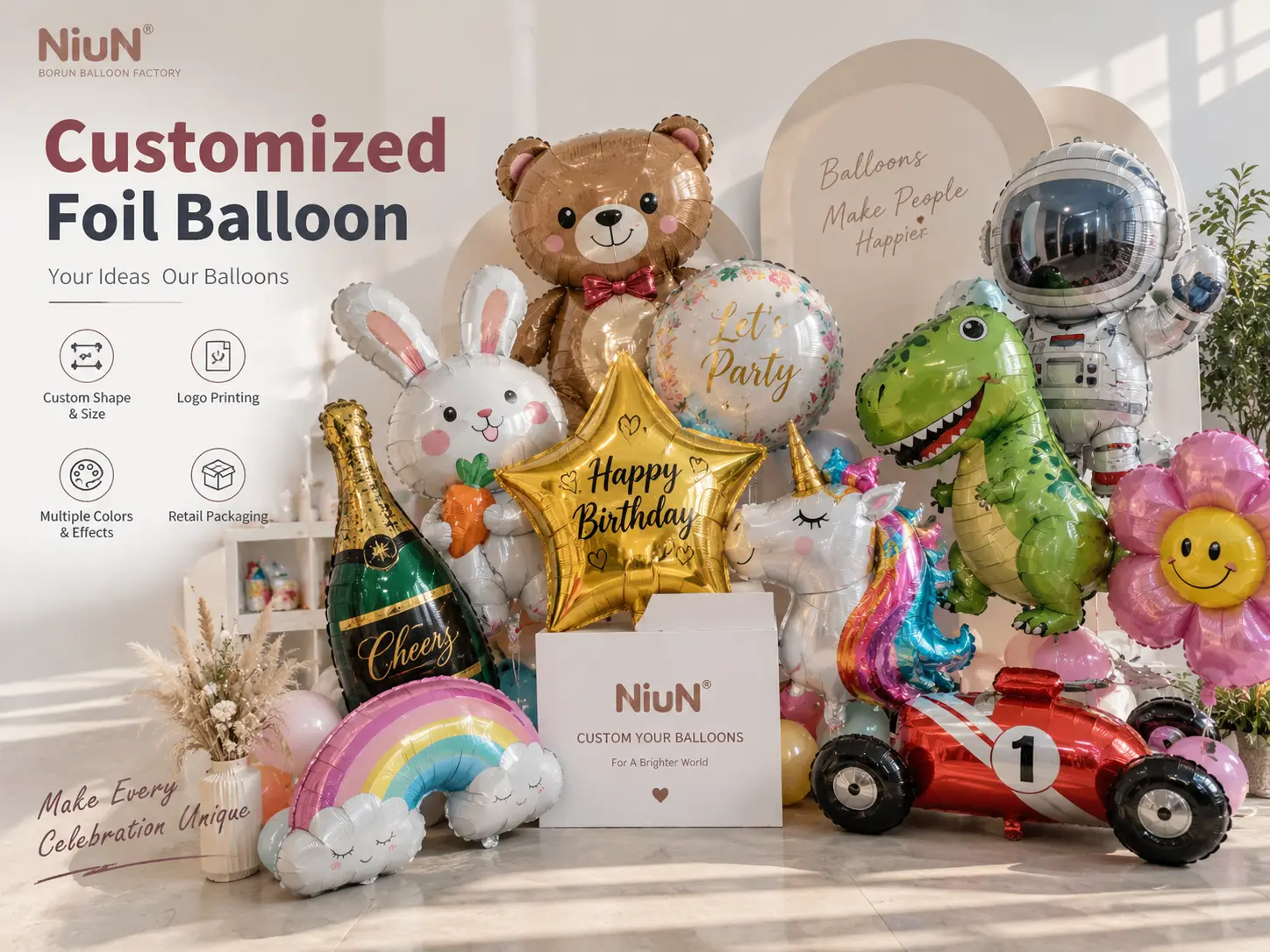 Borun themed party balloon product photograph showing the approved latex balloon and foil balloon assortment