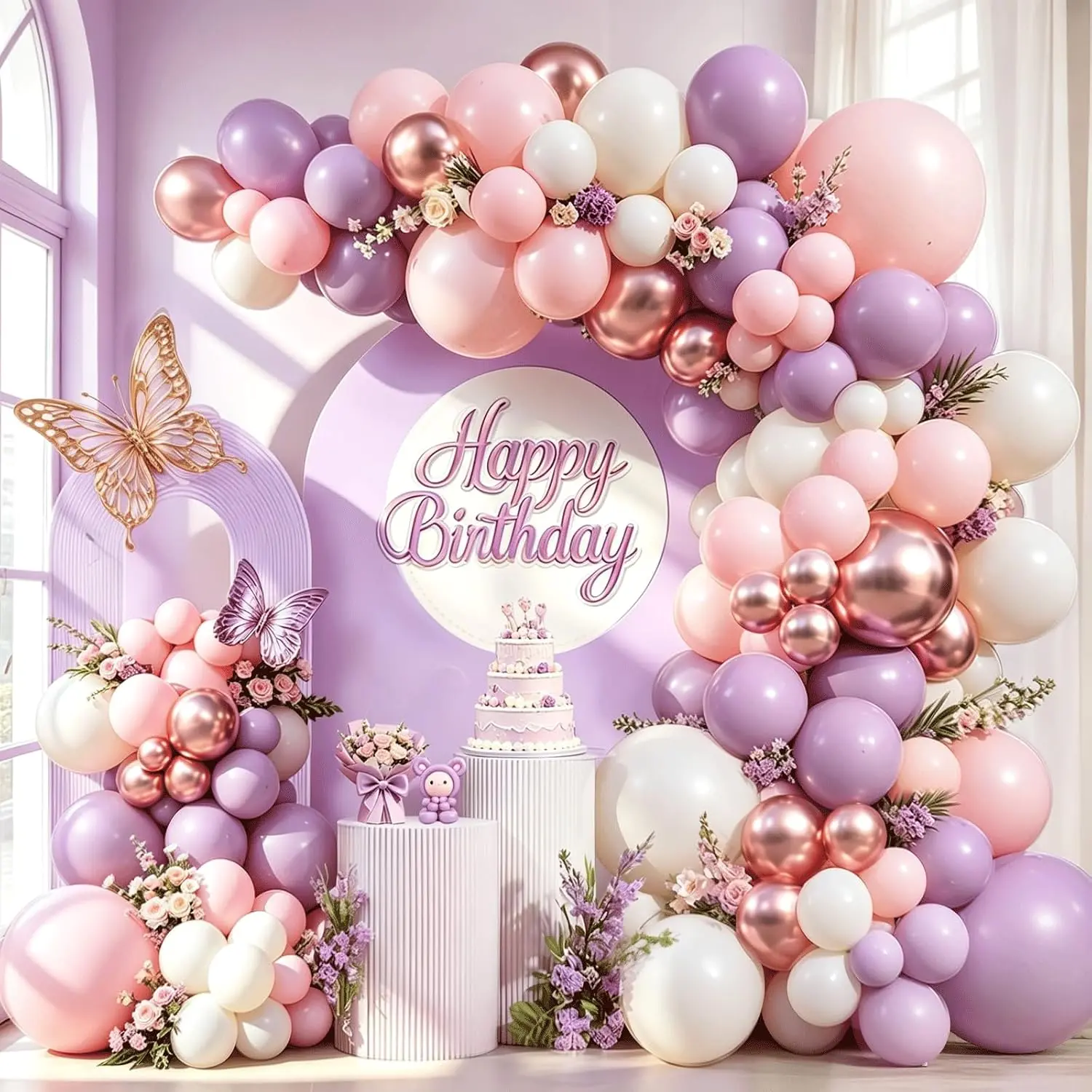 Kit de arco de guirnalda de globos blanco, morado y rosa