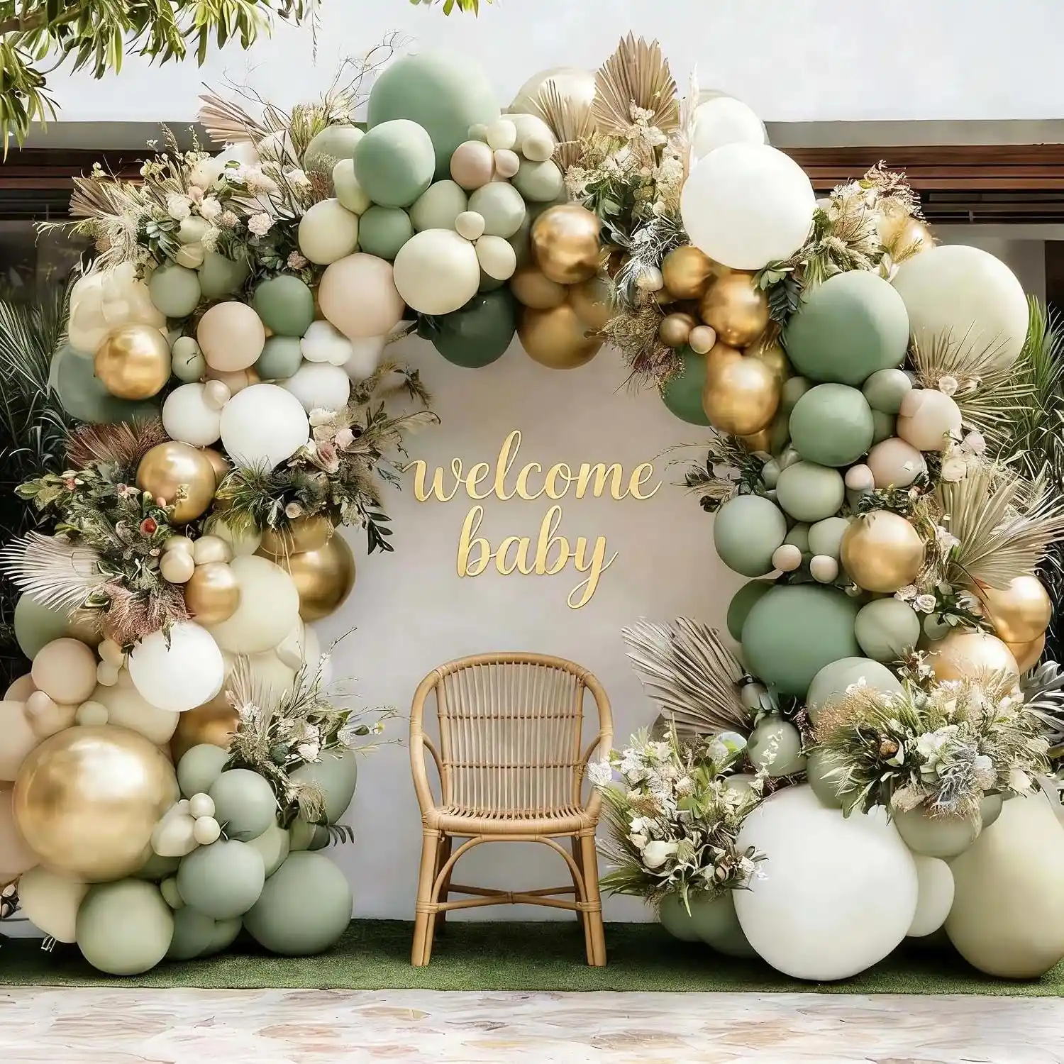 Guirnalda de globos para baby shower verde salvia